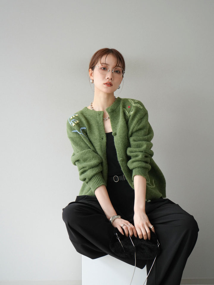 [SET]フラワー刺繍ニットカーディガン+ベルト付タックワイドパンツ(2set)