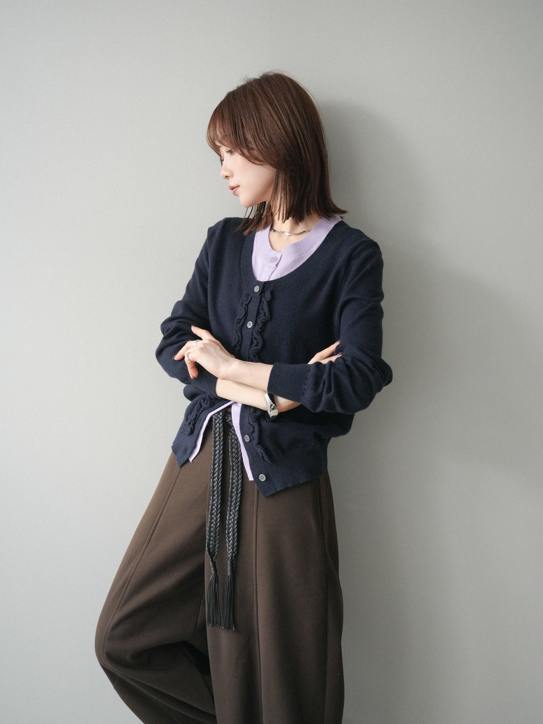 [予約]配色レイヤードフリルデザインニットカーディガン/black