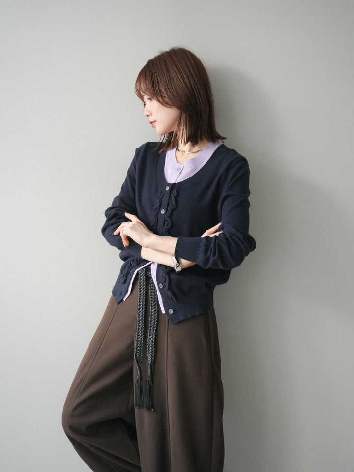 [予約]配色レイヤードフリルデザインニットカーディガン/black