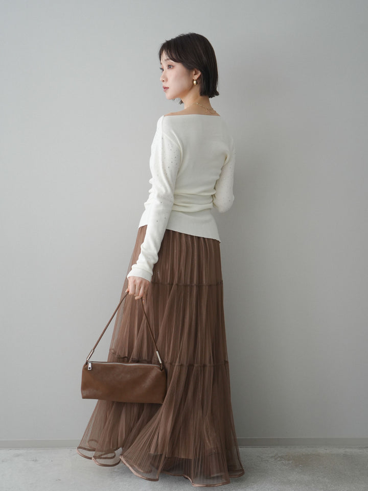 [予約]ラメプリーツレイヤードチュールロングスカート/mocha