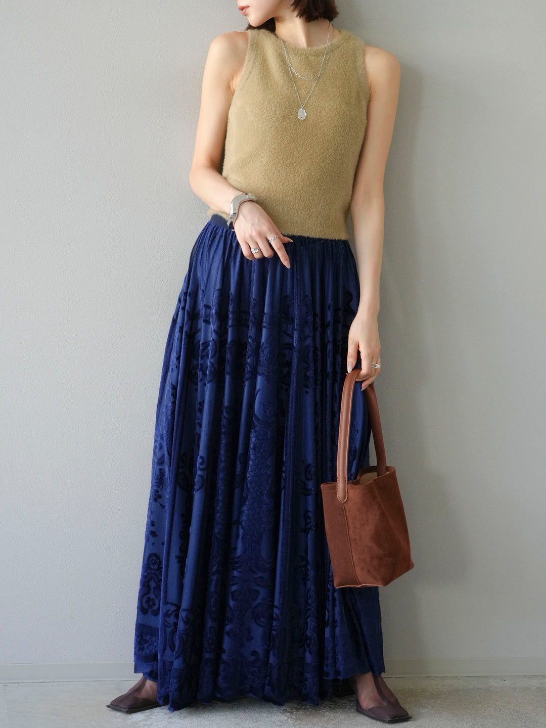 [予約]アンティーク柄フロッキーマキシスカート/ブルー