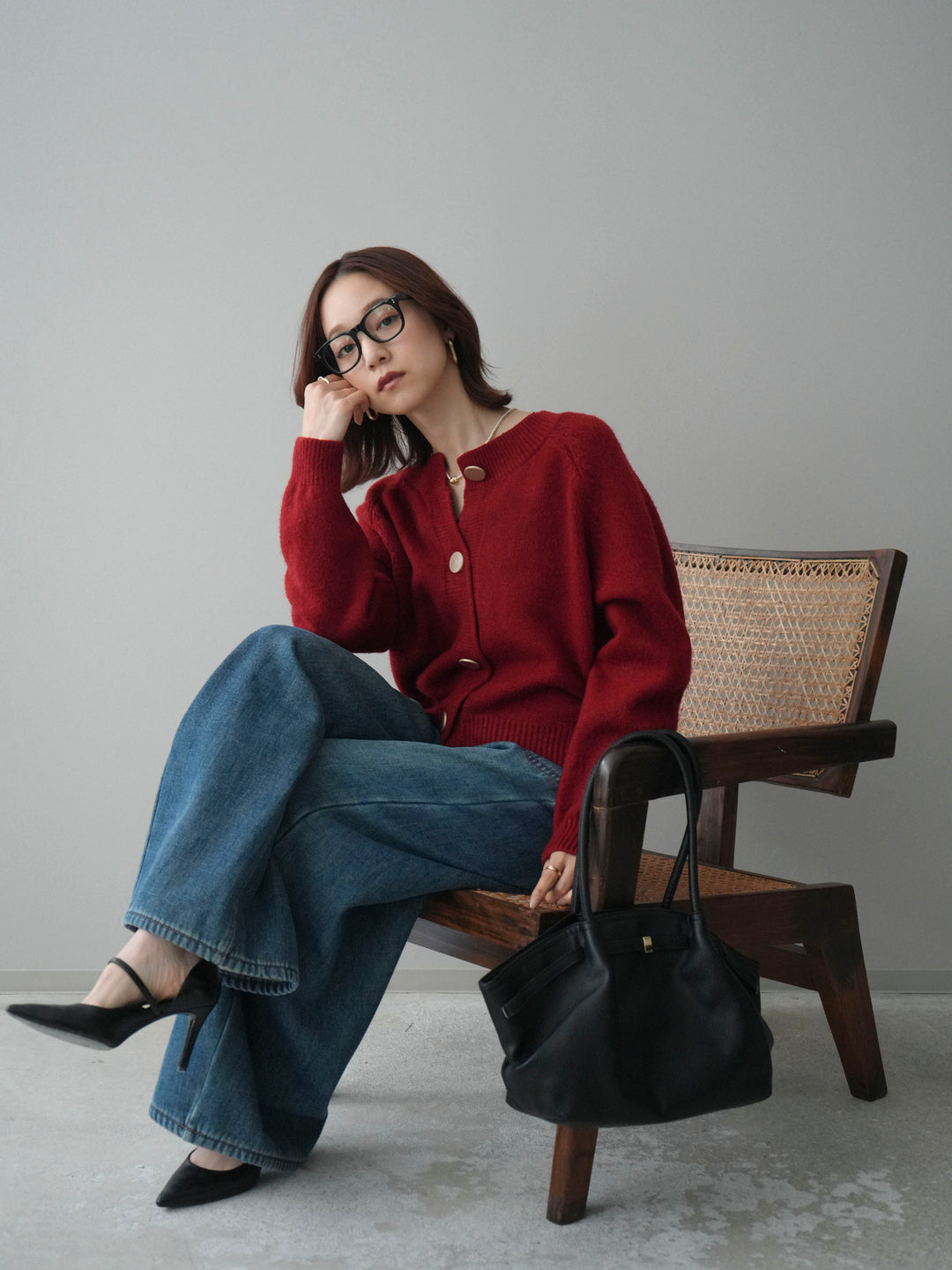 [予約]BIGボタンニットカーディガン/red