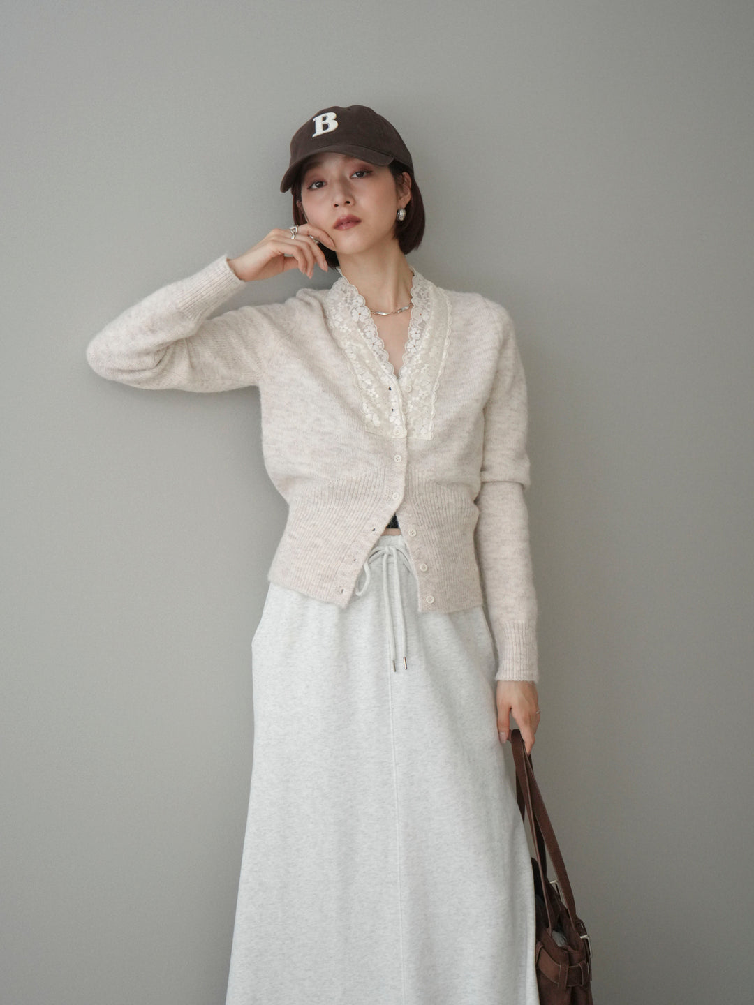 [SET]レースネックコンパクトニットカーディガン+選べるアクセセット(2set)