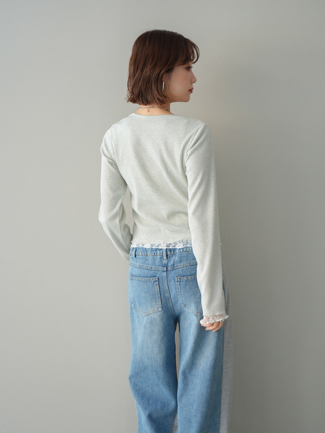 [SET]レースドッキングテレコリブカーディガン+デニム切替スウェットパンツ(2set)