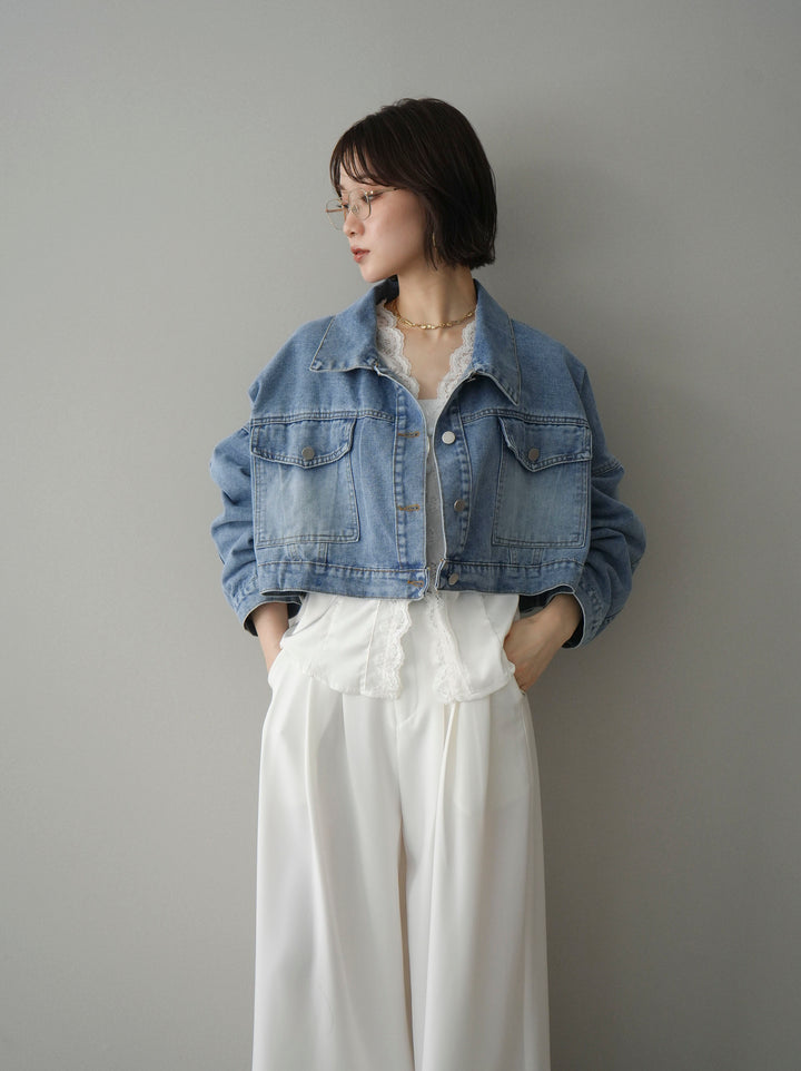 [SET]デニムショートシャツジャケット+ノースリサテンレースキャミソール+編み込みベルト付タックワイドパンツ(3set)
