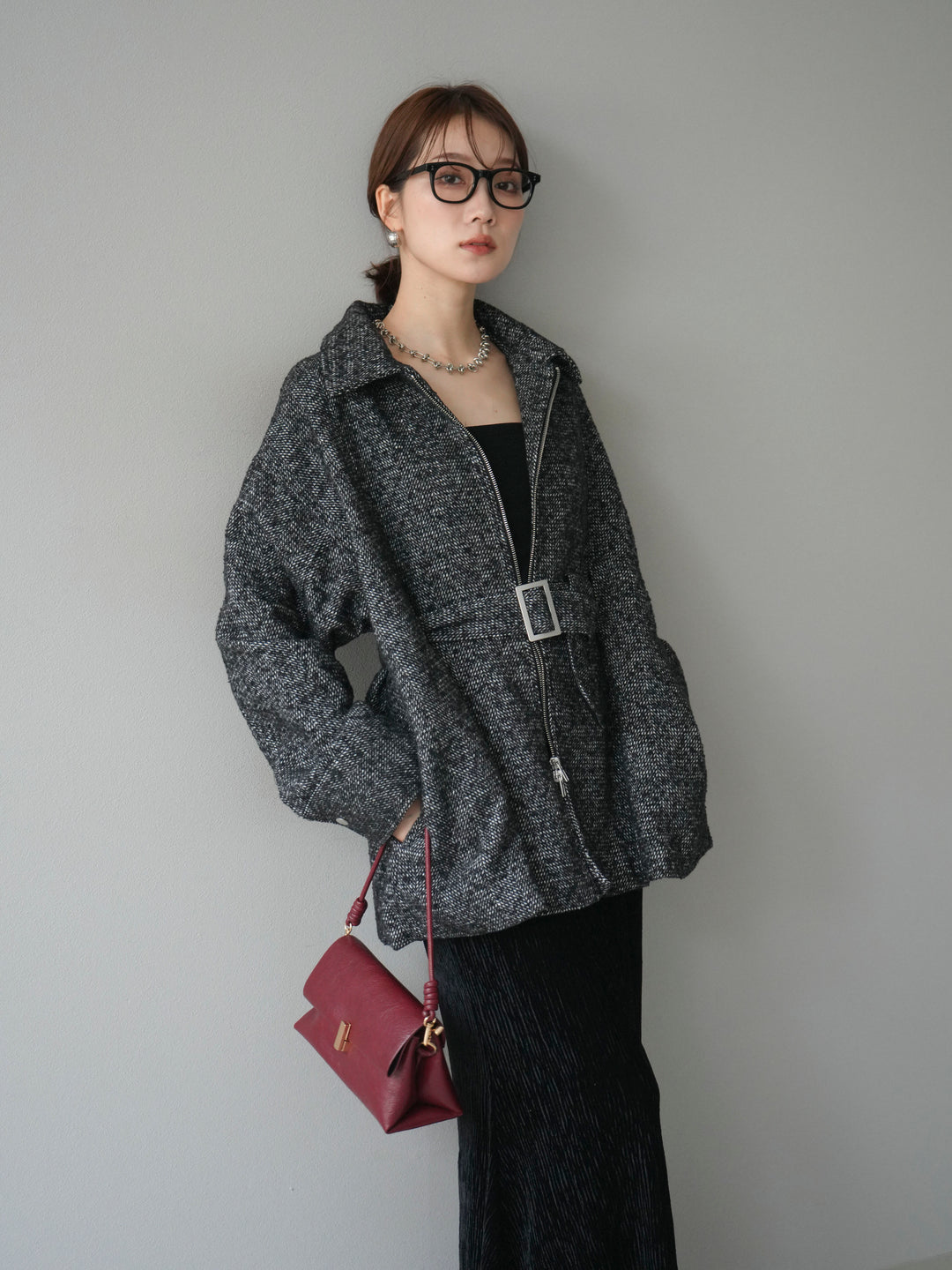 [予約]起毛ツイードベルトぺプラムジャケット/black