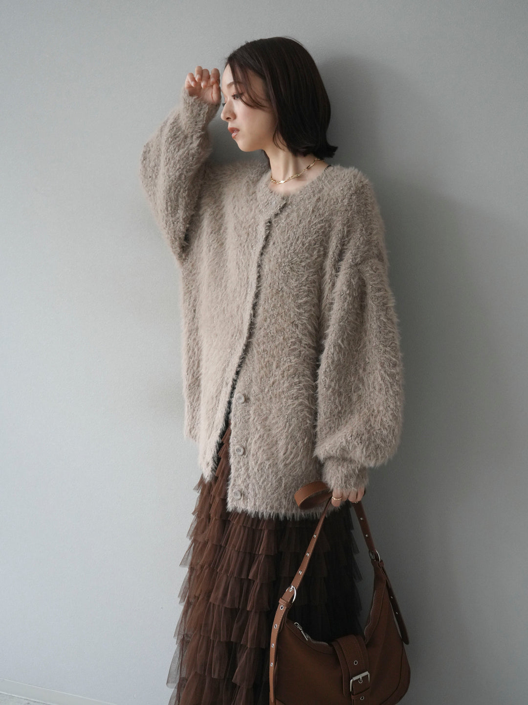 [予約]クルーネックランダムシャギーカーディガン/グレージュ