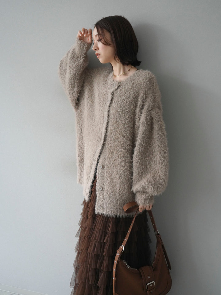 [予約]クルーネックランダムシャギーカーディガン/グレージュ