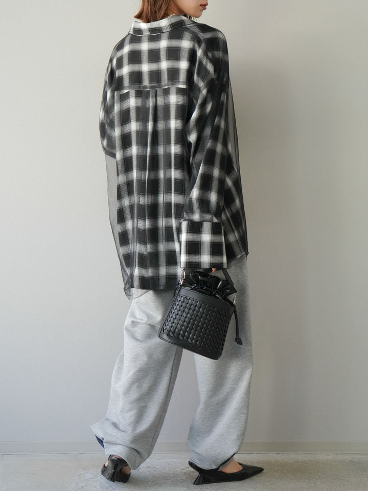 [套裝] 薄紗對接格紋寬鬆襯衫 + 牛仔布 Switch 2-Way 設計運動褲 (2 套)