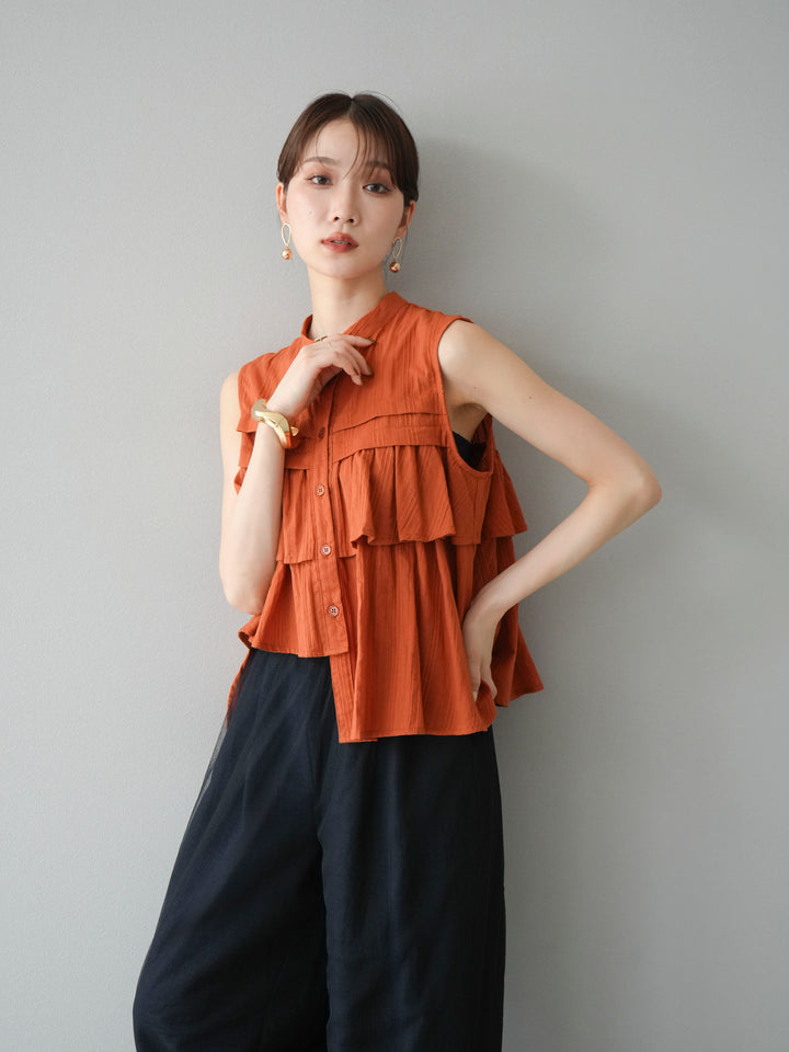 [SET]ドビーストライプアシンメトリーフリルノースリブラウス+リネンライクイージーワイドパンツ(2set)