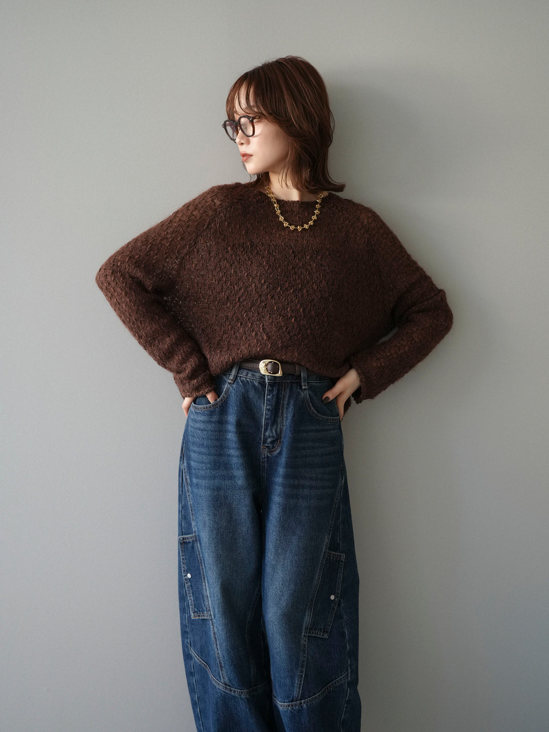 [予約]透かし編みモヘアタッチポコポコニットプルオーバー/brown