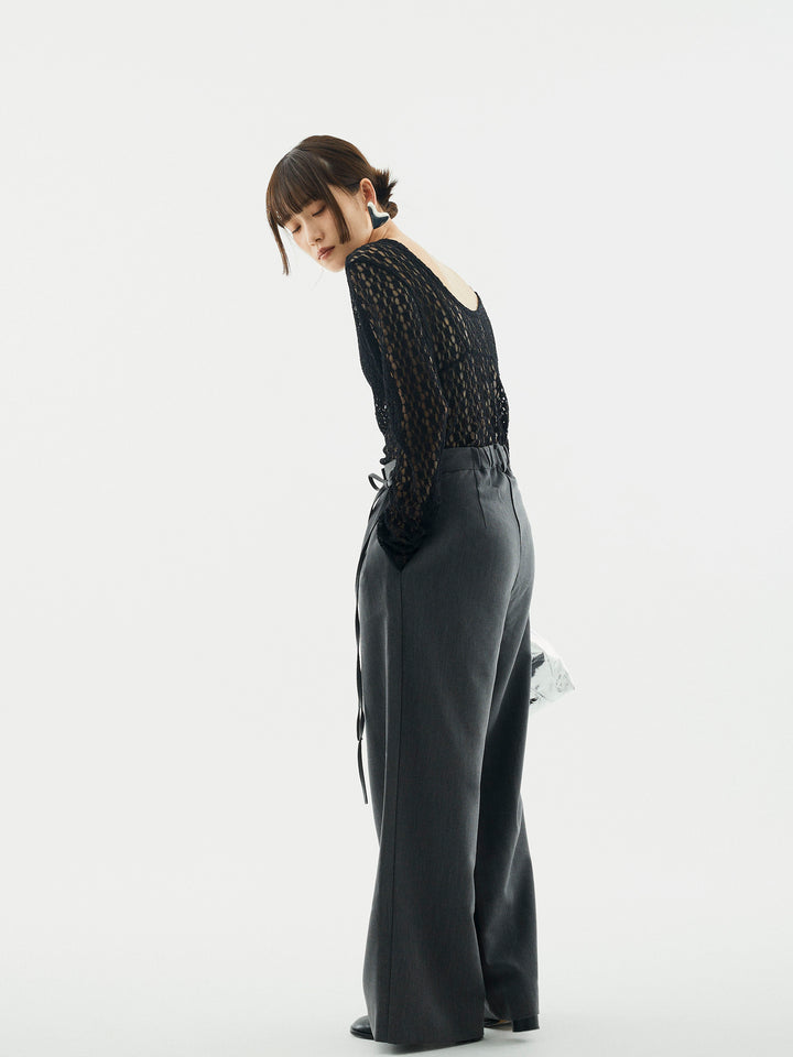 【Allure】[SET]バックラウンドレーストップス+ラップデザインタックワイドパンツ(2set)