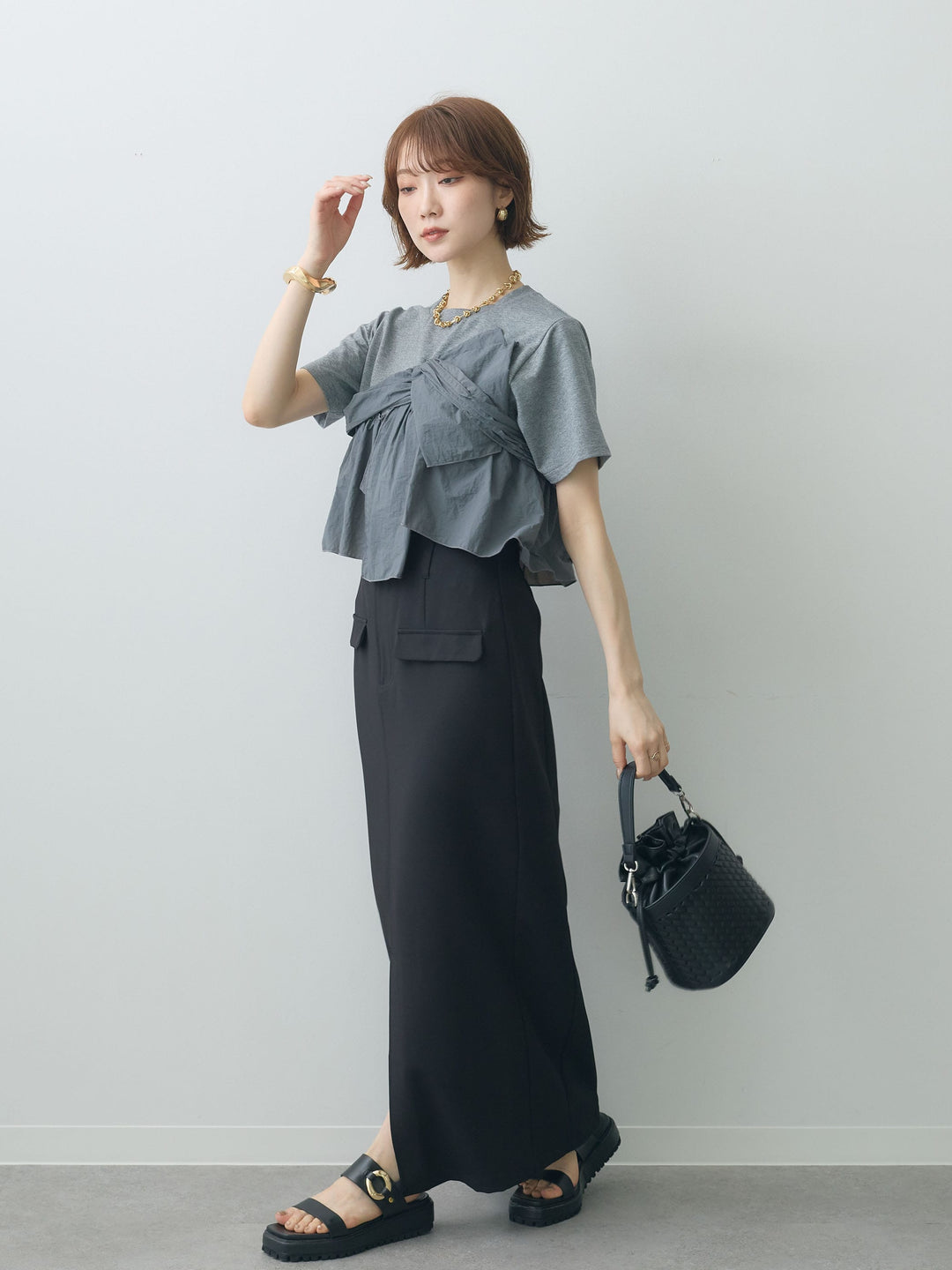 【着回しセット】[SET]ナイロンドッキングツイストTEE +クレープデシンフラップ付きストレートスカート+ストーンウォッシュルーズフィットデニム(3set)