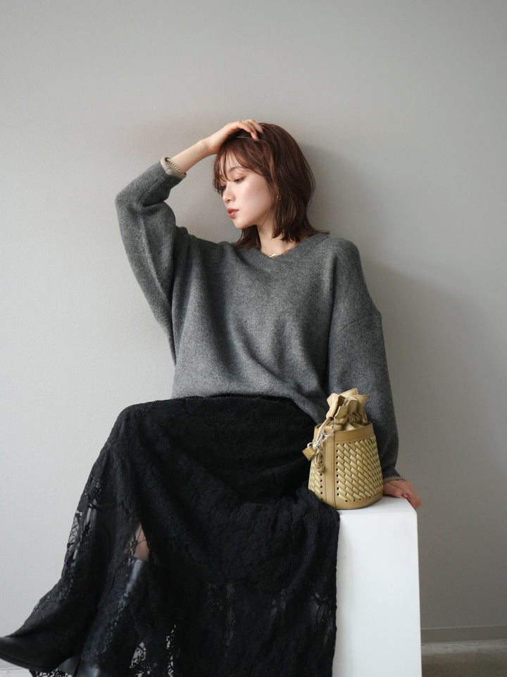 [SET]Vネック配色スリーブニットプルオーバー+選べるアクセセット(2set)