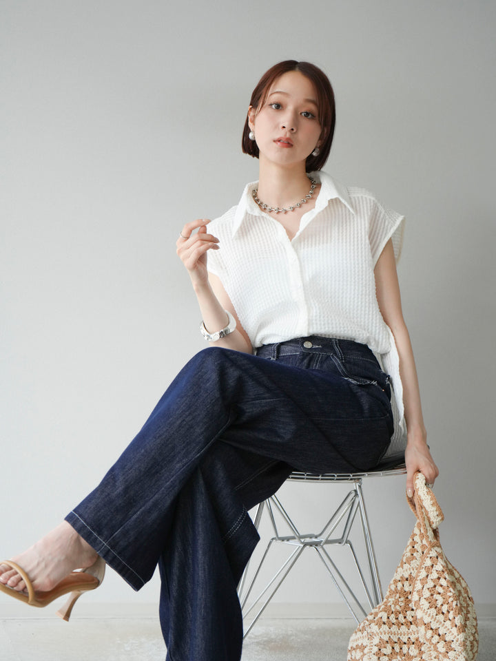 [SET] 透視格紋無袖襯衫 + 臀部設計牛仔褲（2 套）