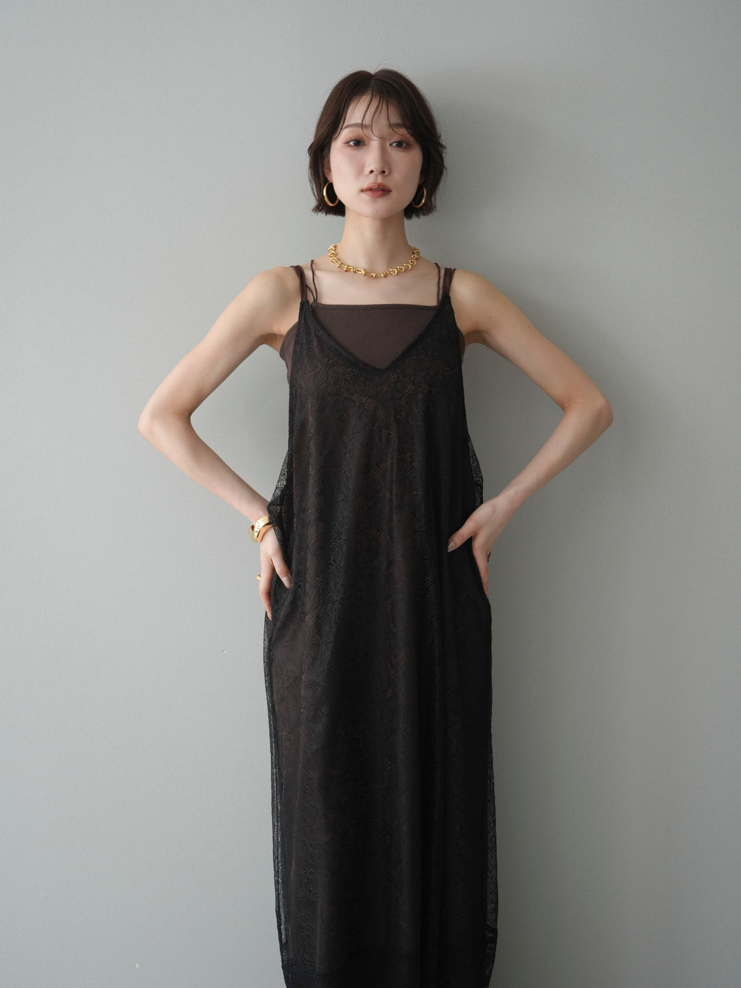 [予約]サテンレースレイヤードキャミワンピース/brown