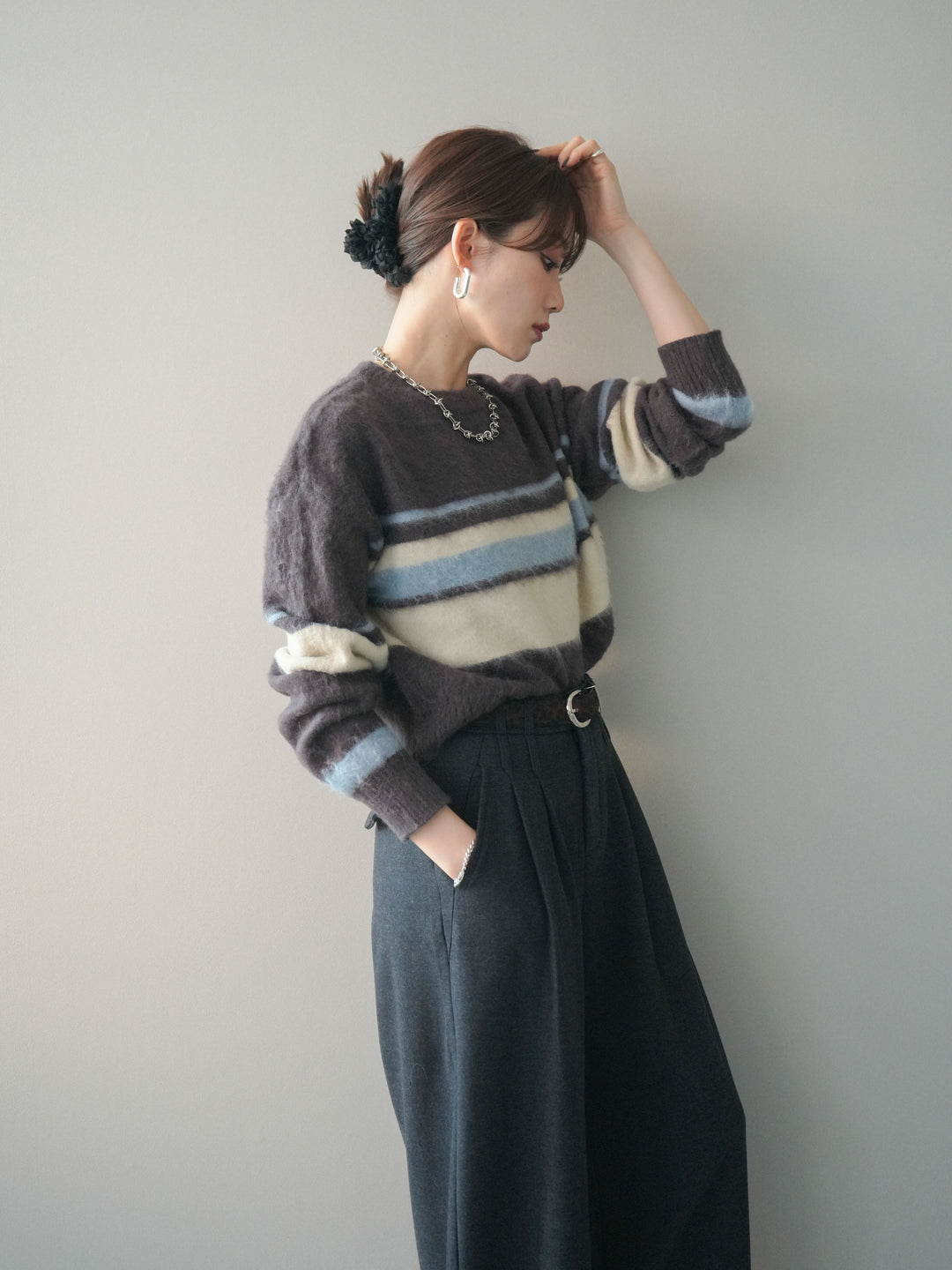 [SET]ソフトタッチボーダークロップドニットプルオーバー+アニマル柄ベルト付きウールタッチワイドパンツ(2set)