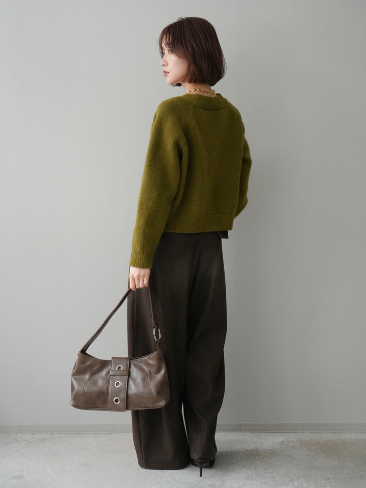 [SET]BIGボタンニットカーディガン+アニマル柄ベルト付きウールタッチワイドパンツ(2set)