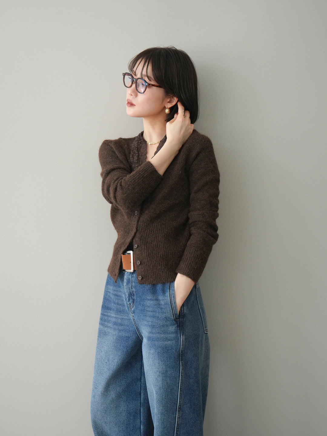 [SET]レースネックコンパクトニットカーディガン+選べるアクセセット(2set)