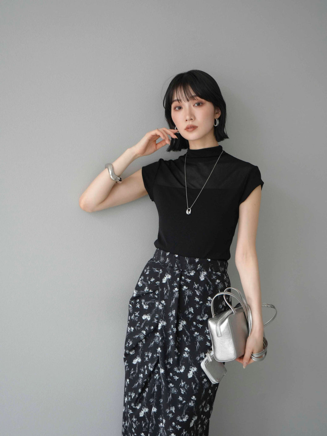 [予約]シアー切替ストレッチトップス/ブラック