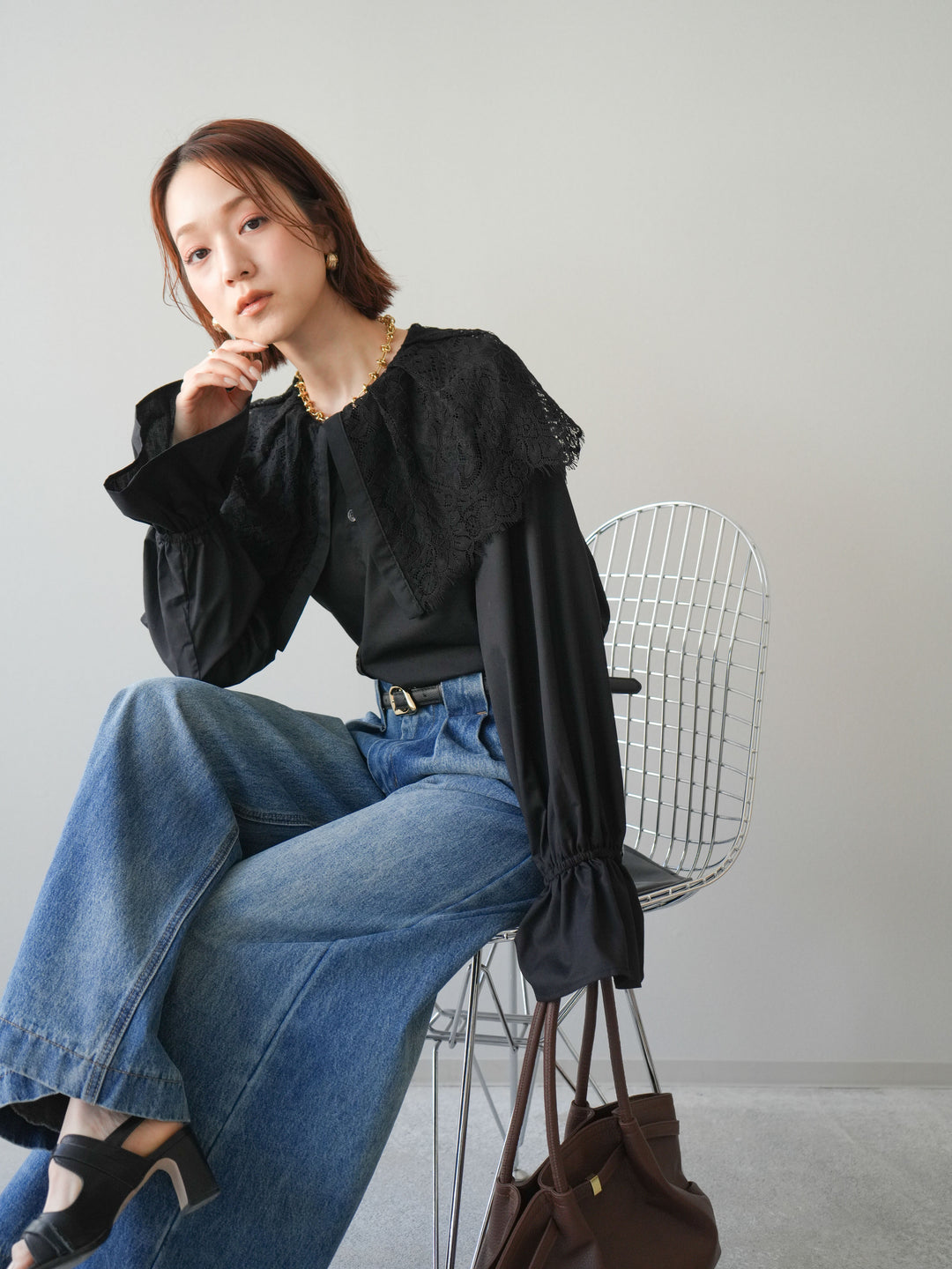 [予約]ビッグレースカラーブラウス/black