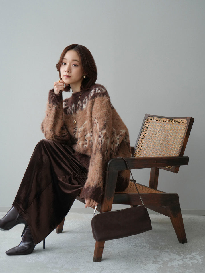 [SET]シャギーニュアンス柄ニットプルオーバー+ギャザーベロアスカート(2set)