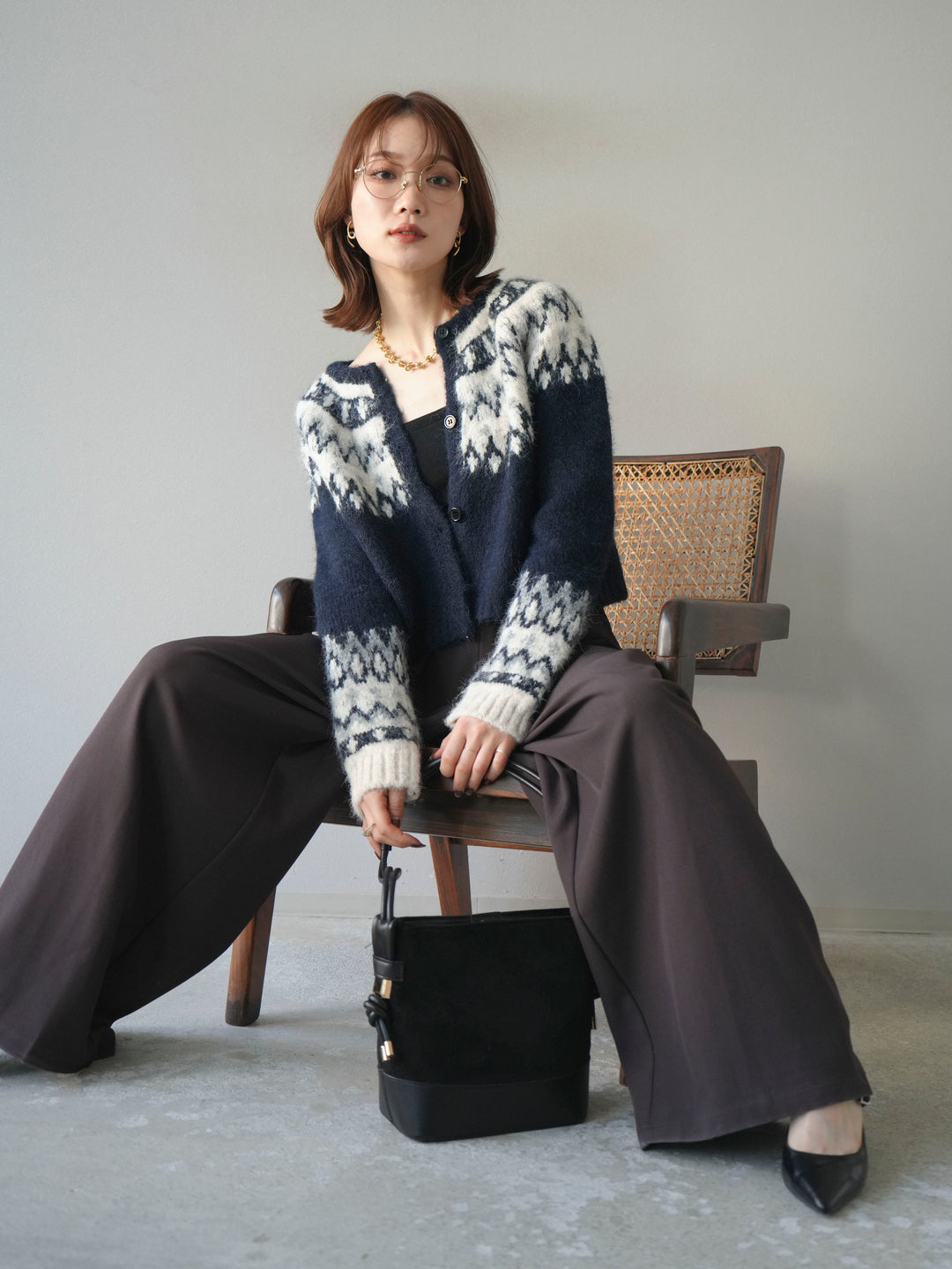 【着回しセット】[SET]求心柄クロップドニットカーディガン+異素材ミックスヤーンニットプルオーバー+ベルトループデザインワイドパンツ(3set)