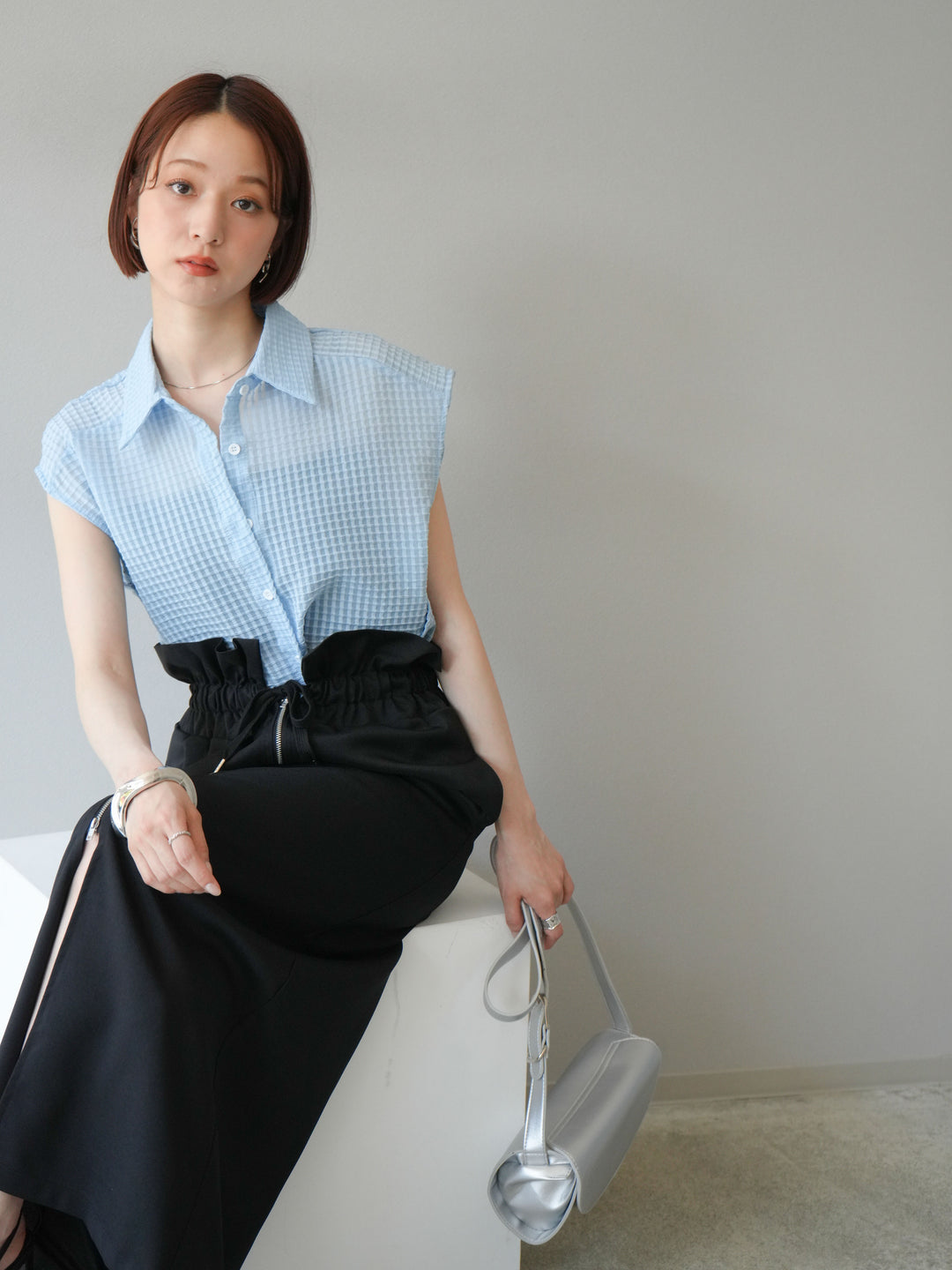 [SET]シアーチェックノースリーブシャツ+ヘザーエステルギャザージップスカート(2set)