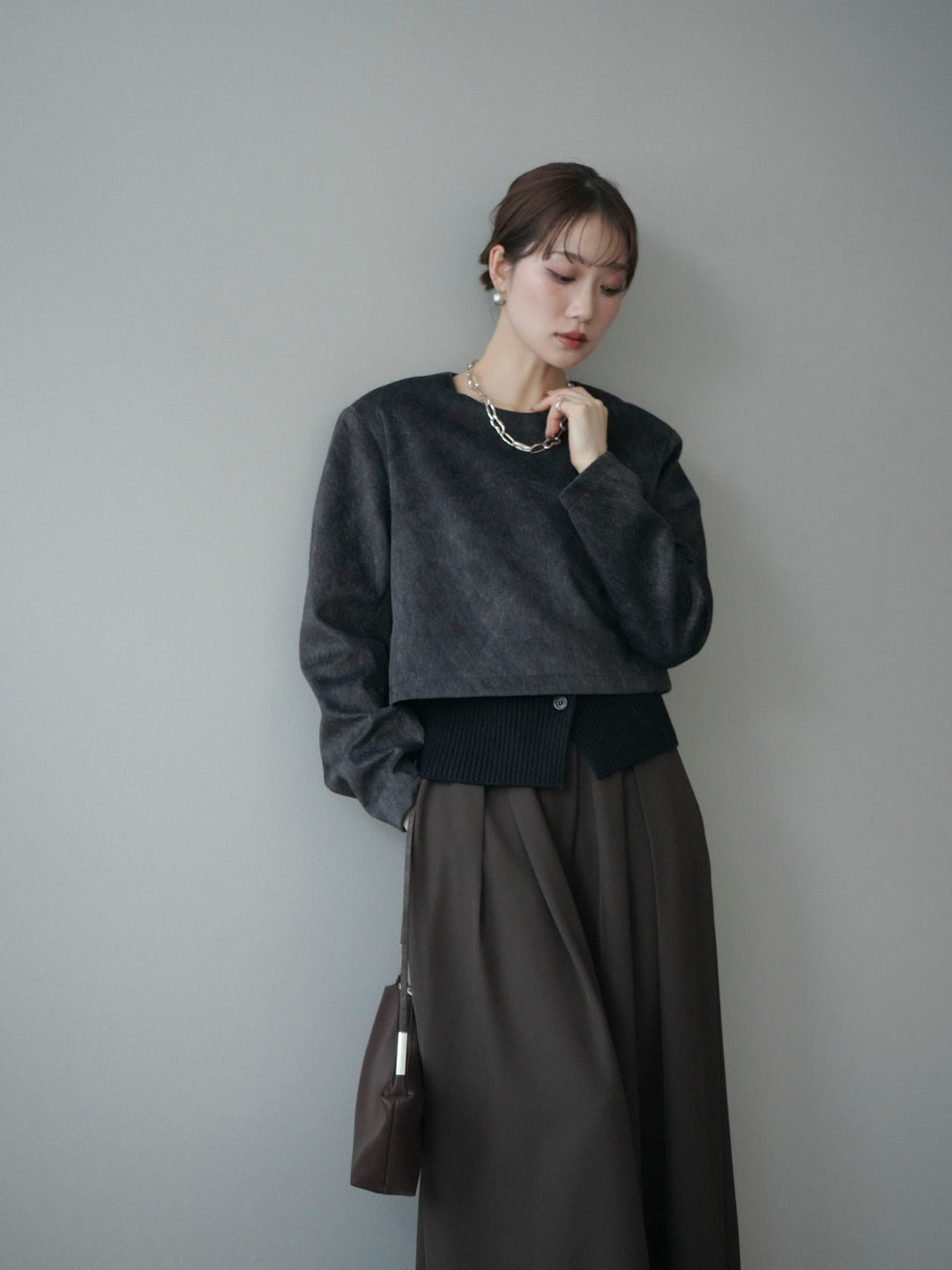 [予約]リブニットレイヤードスエードプルオーバー/charcoal