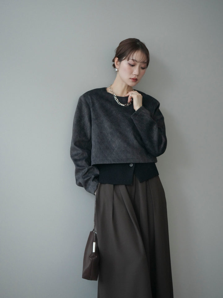 [予約]リブニットレイヤードスエードプルオーバー/charcoal