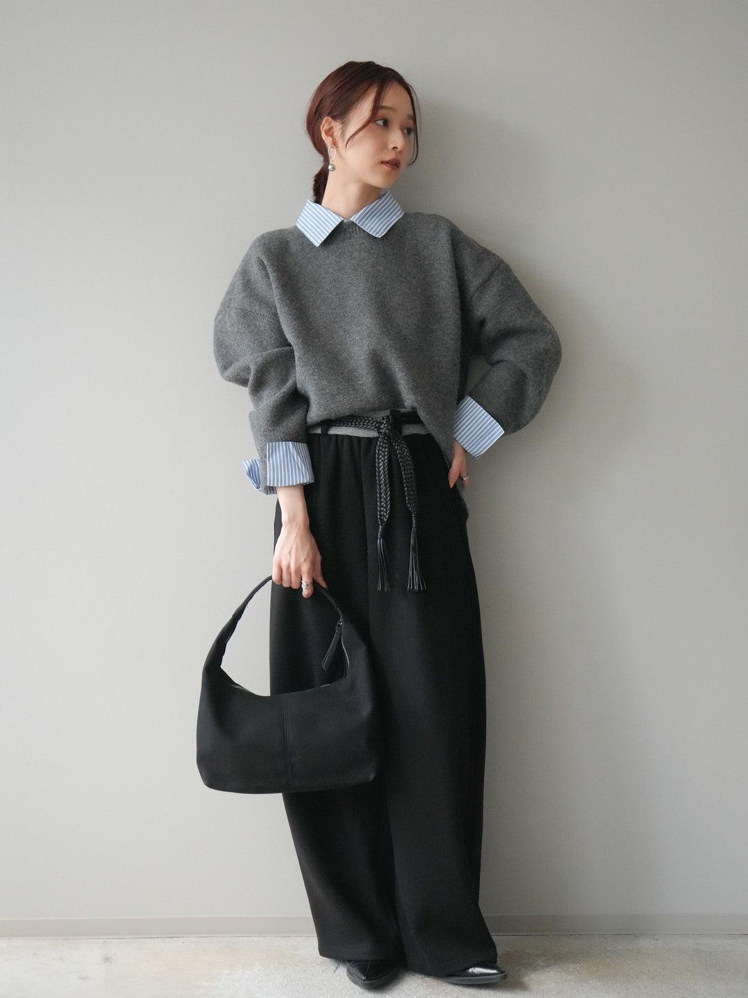 [予約]編み込みベルト付きウエスト配色スエットパンツ/black