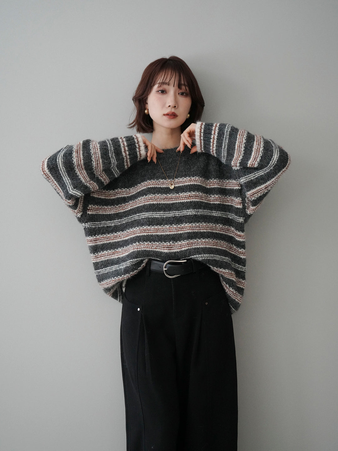 [予約]ステッチボーダーニットプルオーバー/gray