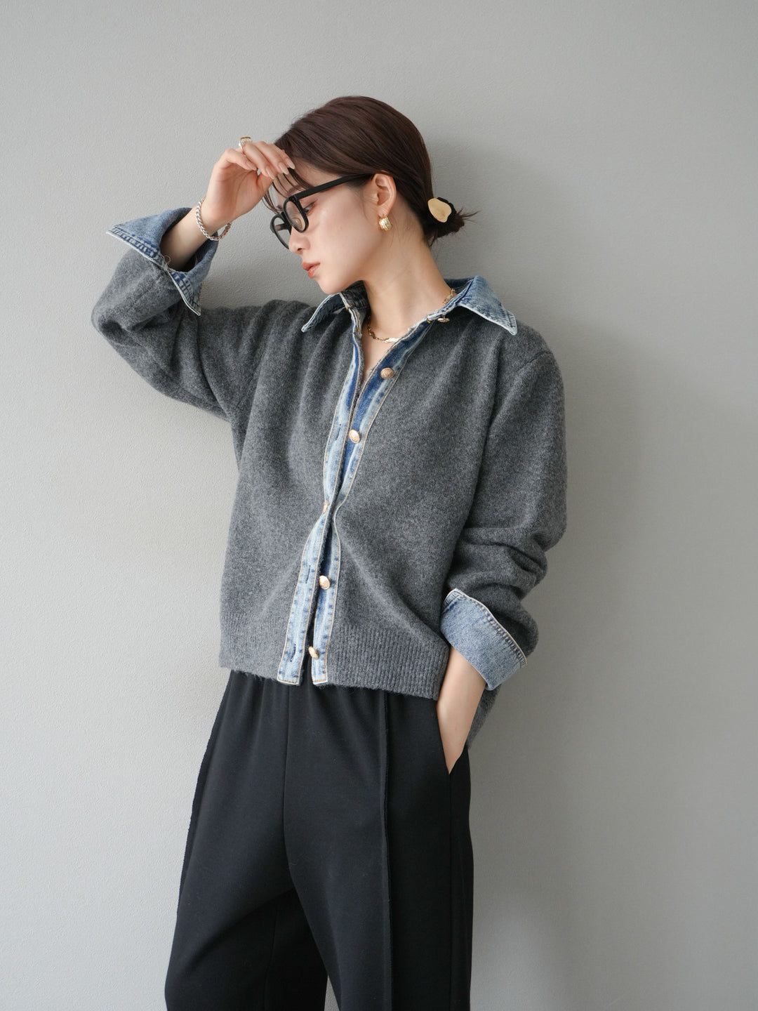 [SET]デニム襟ボタンニットカーディガン+2WAYデザインスウェットパンツ(2set)