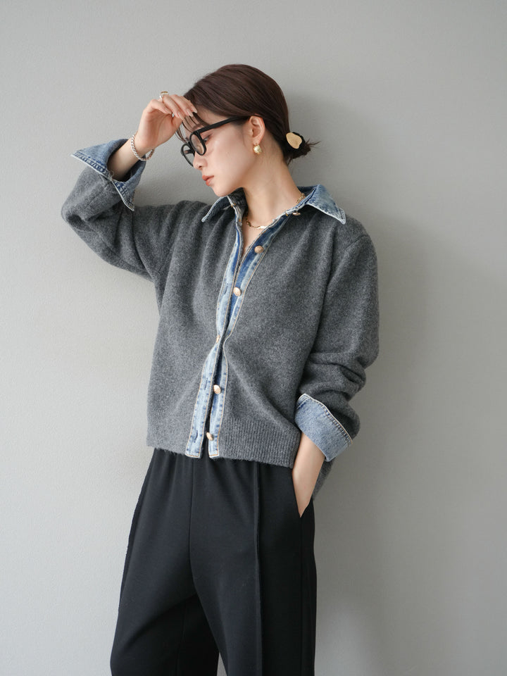 [SET]デニム襟ボタンニットカーディガン+2WAYデザインスウェットパンツ(2set)