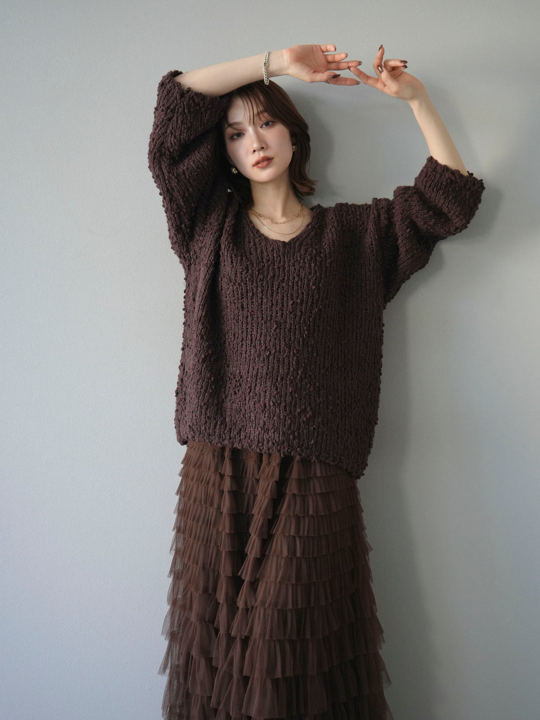 [予約]メランジポコポコニットプルオーバー/brown