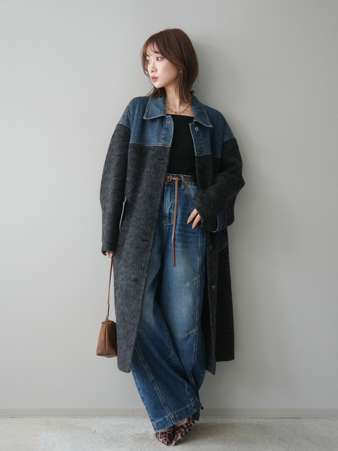 [SET]デニム切替シャギーステンカラーコート+選べるアクセセット(2set)