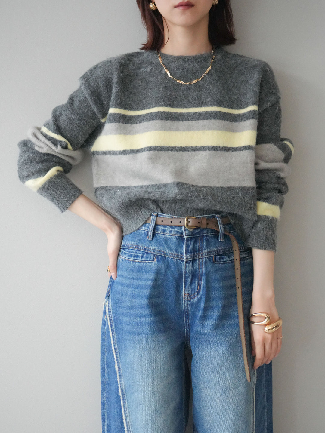 [SET]ソフトタッチボーダークロップドニットプルオーバー+サイドフリンジワイドデニムパンツ(2set)