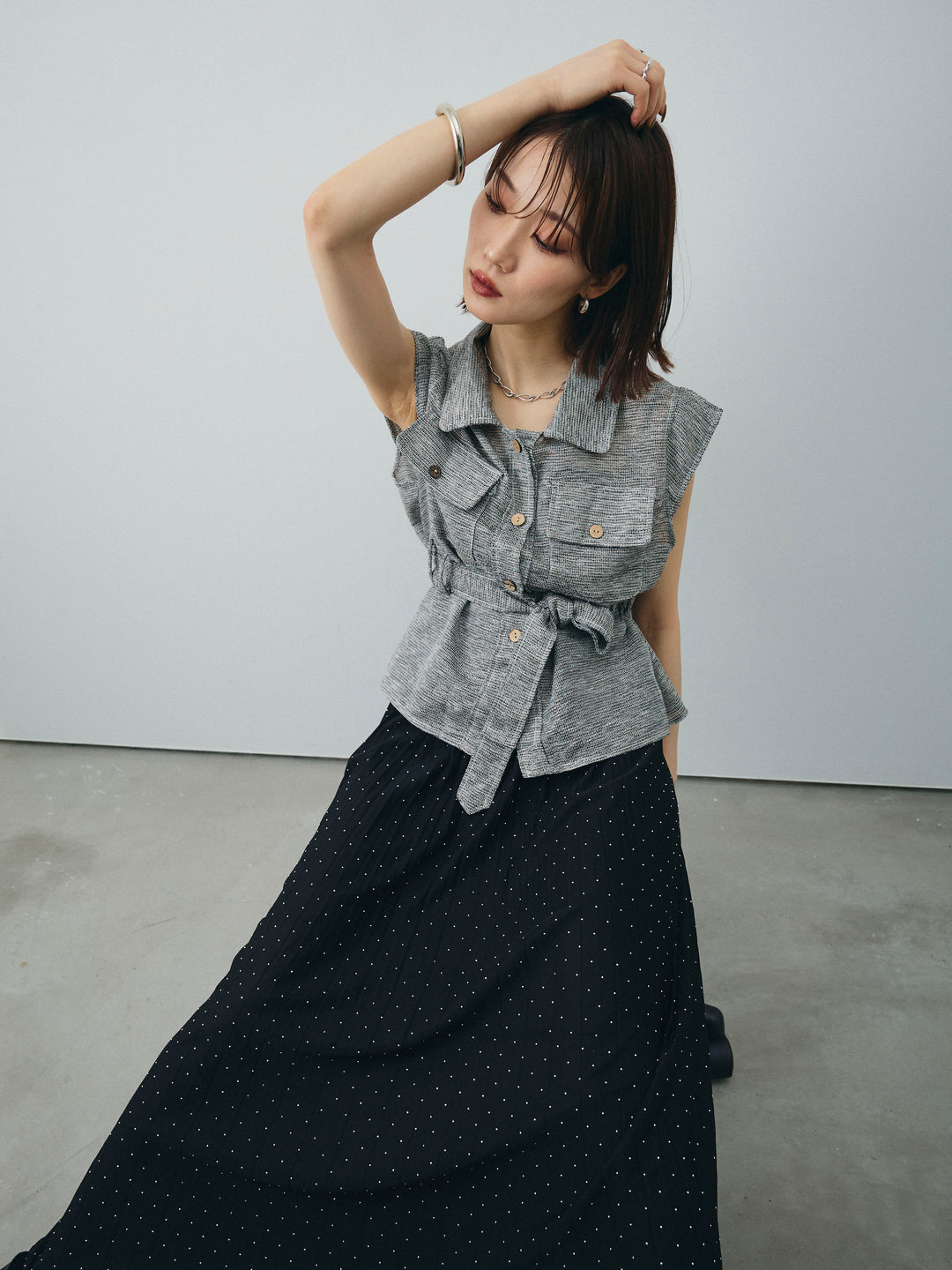 [SET]ミックスヤーンメッシュブラウス+ラインストーンプリーツスカート(2set)