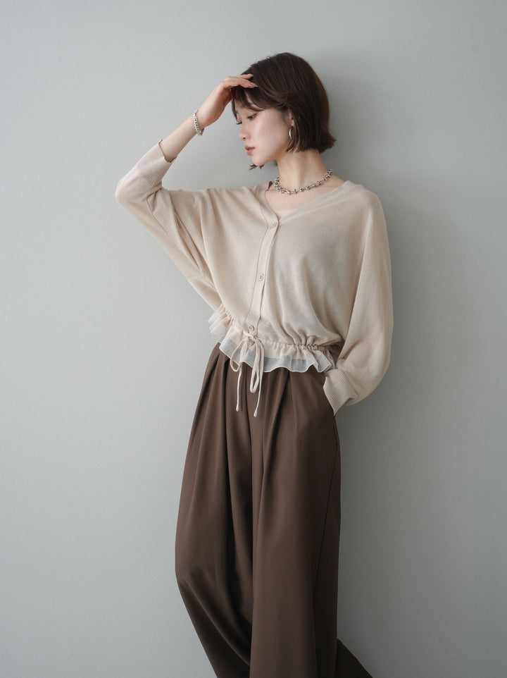 [SET]裾フリルラメシアーニットカーディガン+ダブルバックルベルト付ワイドパンツ(2set)