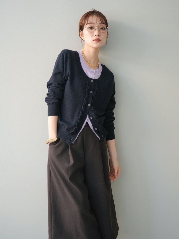 [予約]配色レイヤードフリルデザインニットカーディガン/black
