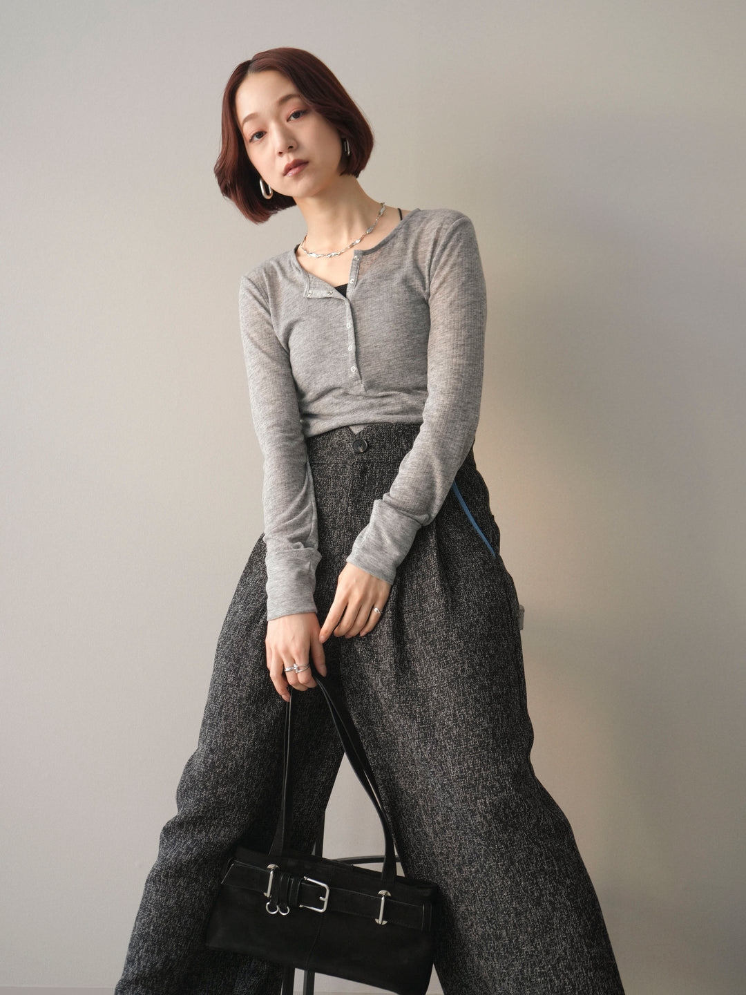 [予約]シアーリブヘンリーネックロンT/gray