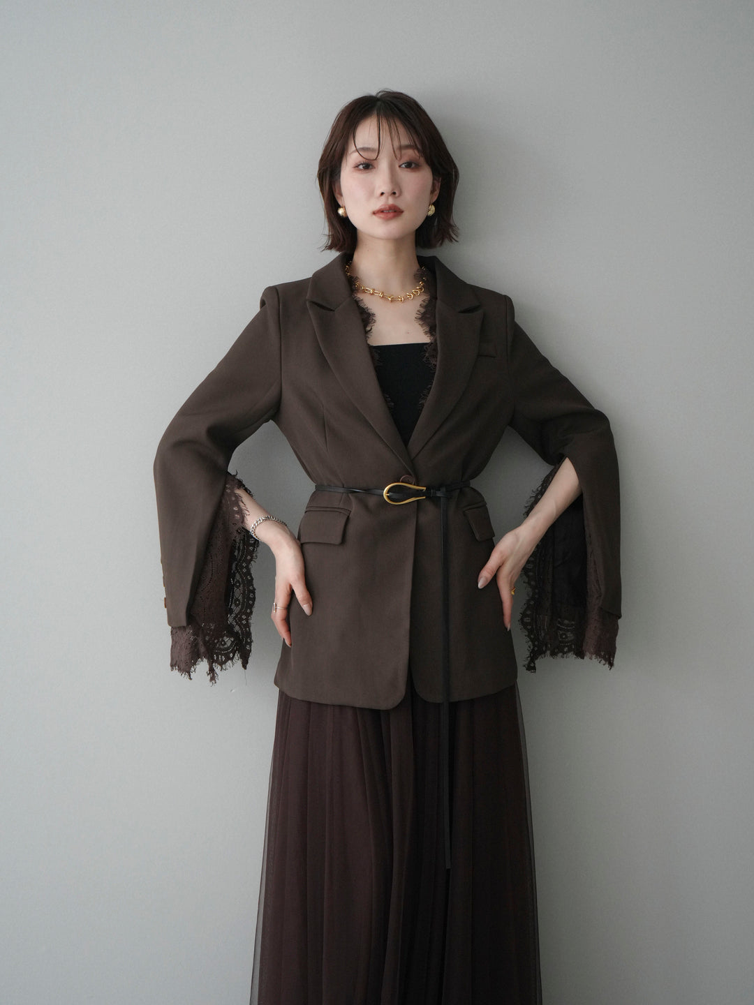 [SET]レースレイヤードスリットジャケット+チュールボリュームスカート(2set)