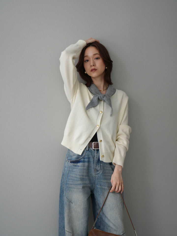 [予約]デザイン襟ニットカーディガン/white