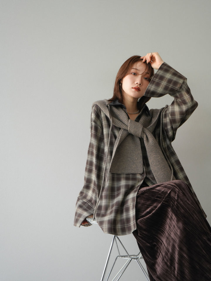 [SET]レザー襟オンブレチェックオーバーシャツ +クラッシュベロアナロースカート(2set)