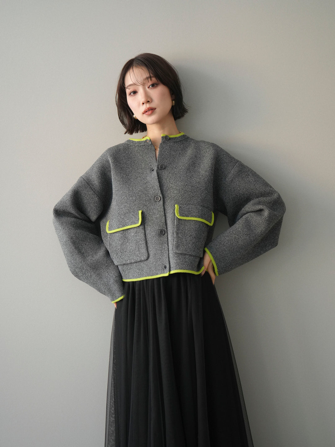 [SET]ポリエステル配色ニットカーディガン+選べるアクセセット(2set)