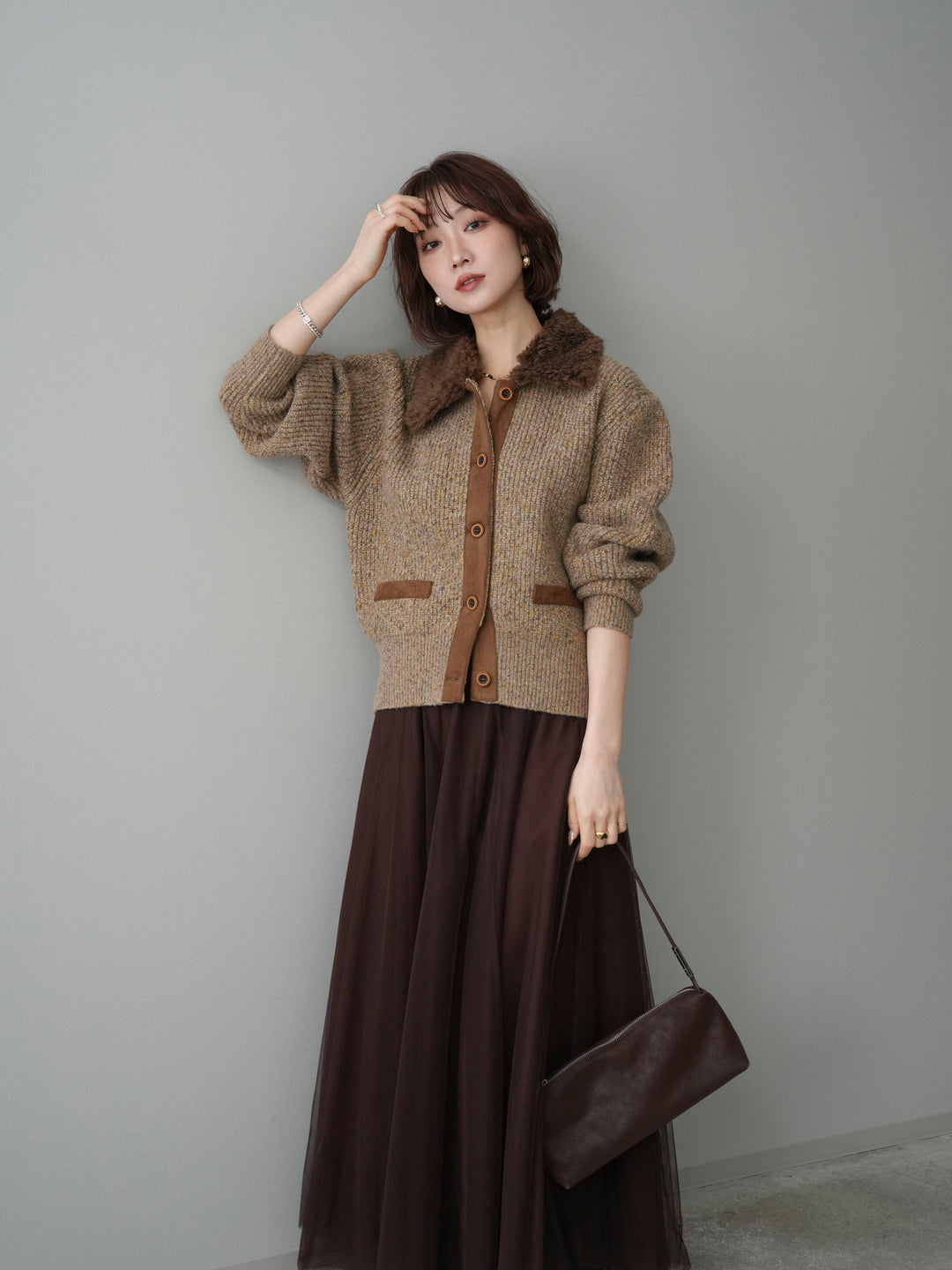 [SET]襟ボアミックスヤーンニットカーディガン+チュールボリュームスカート(2set)