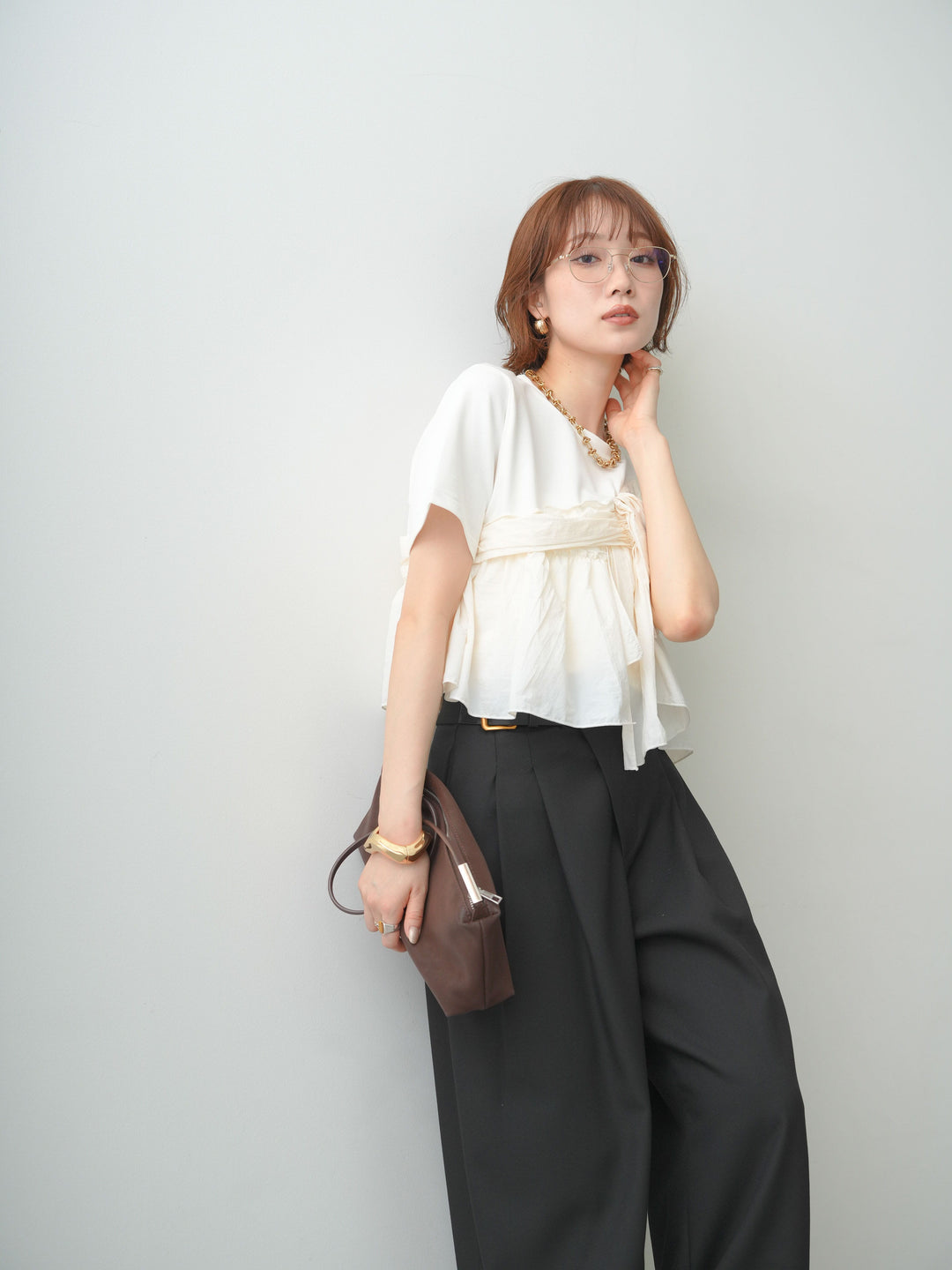 [SET]ナイロンドッキングツイストTEE +アシンメトリーベルトタックワイドパンツ(2set)