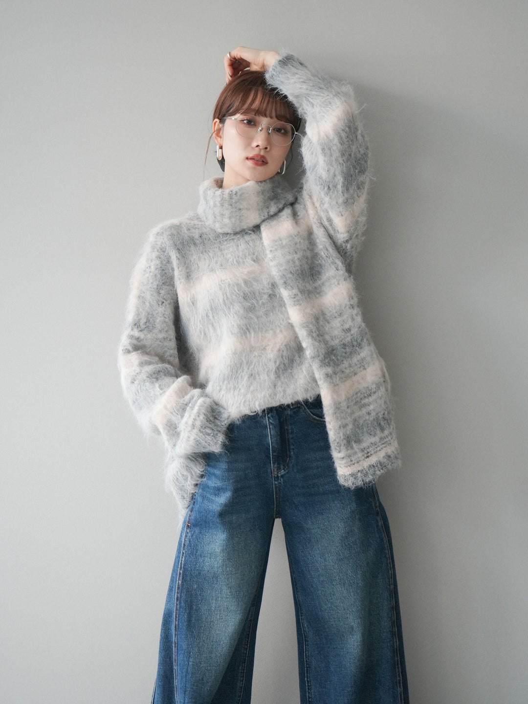 [予約]ストール付シャギーマルチボーダーニットプルオーバー/gray