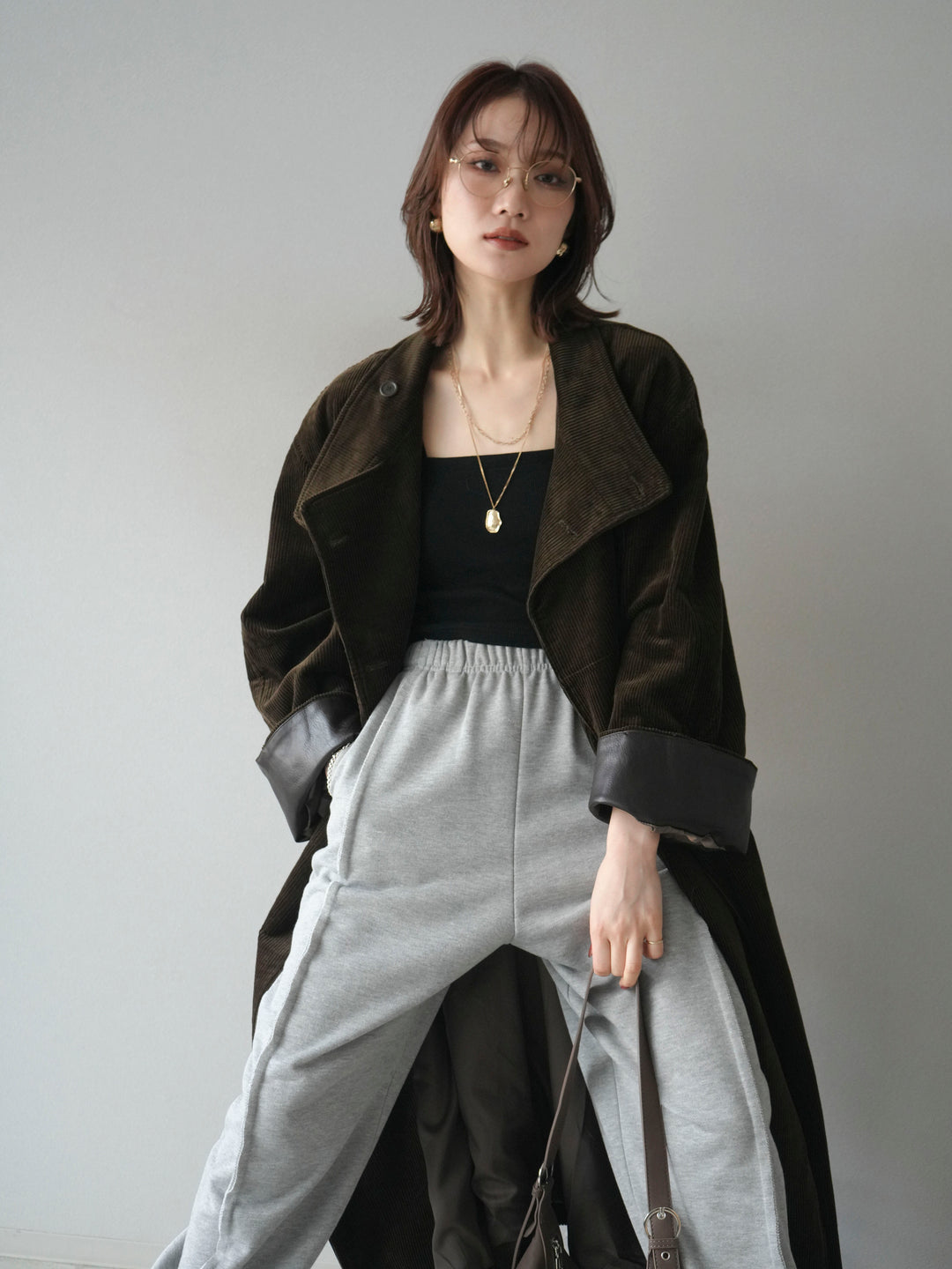 [予約]コーデュロイ折り返しレザーロングコート/khaki