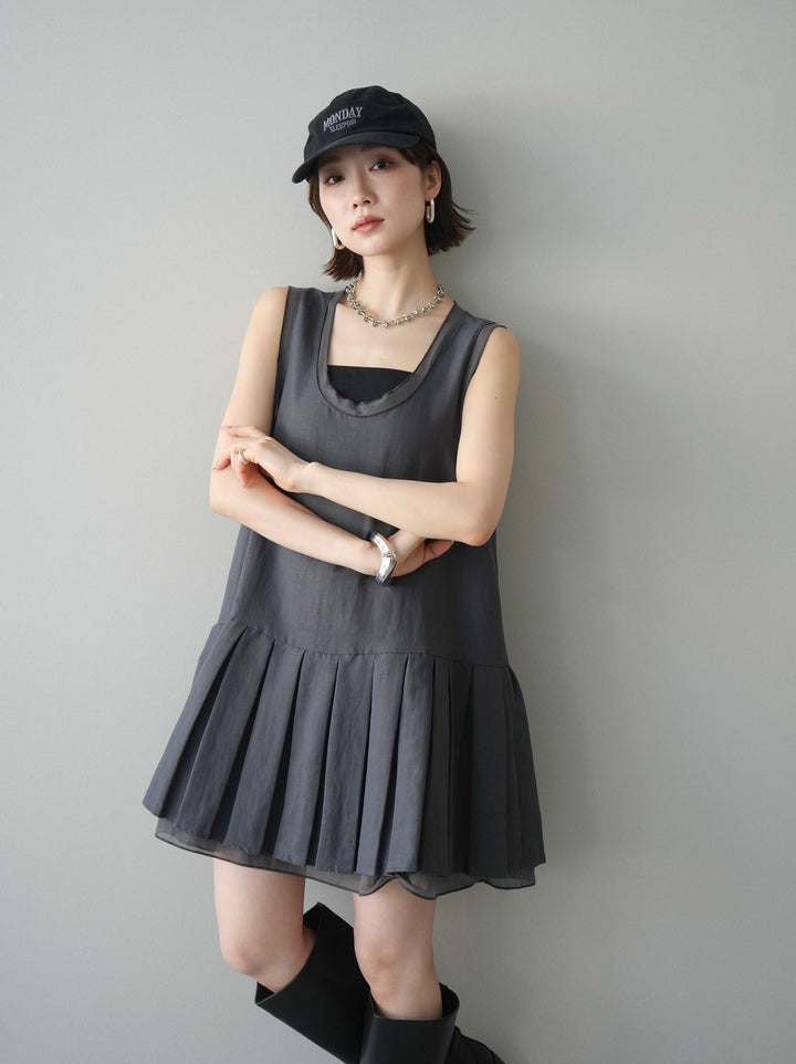 [予約]チュールドッキング裾プリーツミニワンピース/charcoal